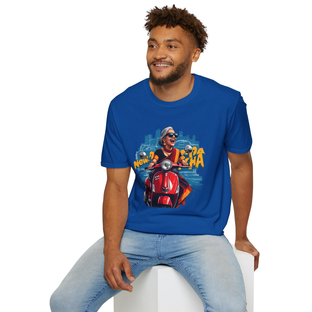 Newa Maicha Riding Scooter T-Shirt – Newari Woman in New York Graphic Tee, Cultural & Urban Design