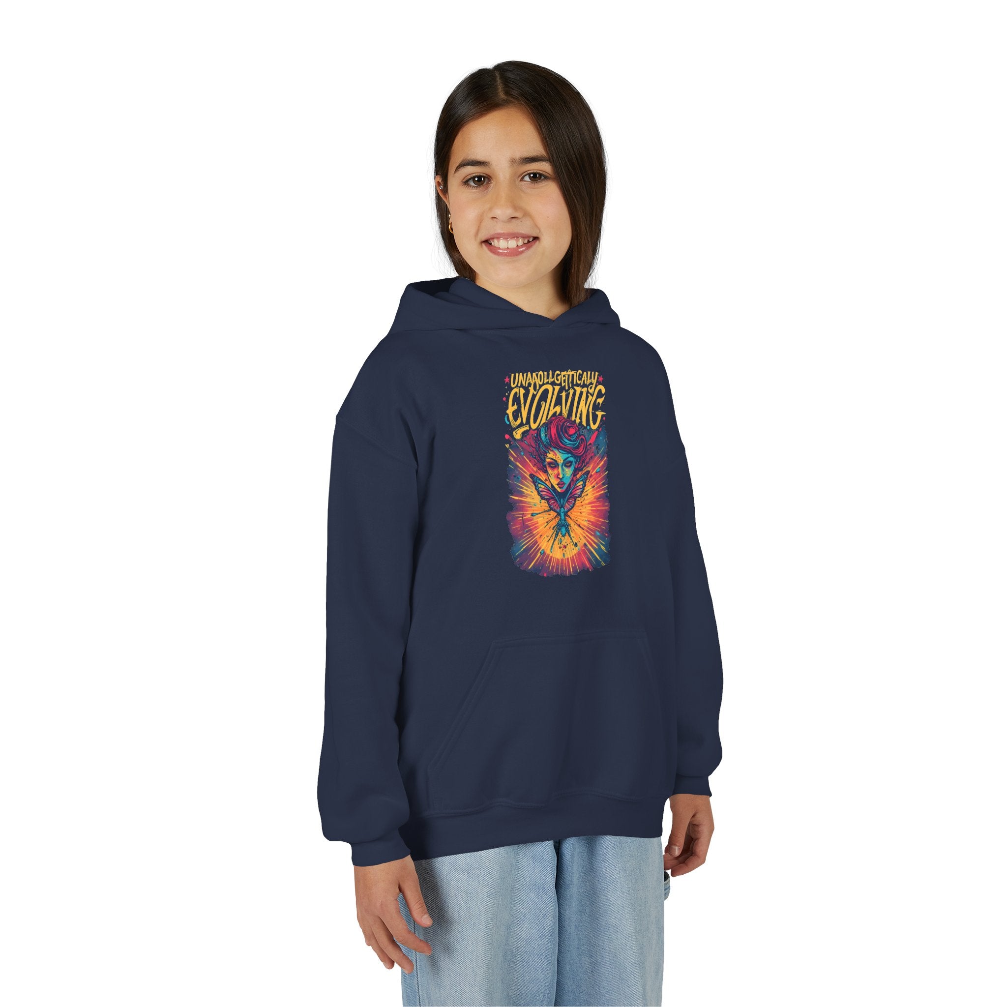 Youth Hoodie — Vibrant 'Evolving' Butterfly Girl Graphic Sweatshirt