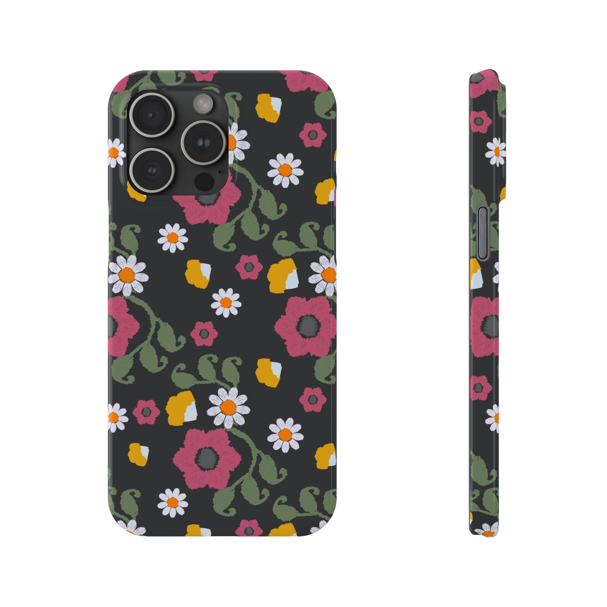 Floral Slim Phone Case, Black Flower Phone Cover, Stylish Phone Accessory, Gift for Her, Trendy Floral Case