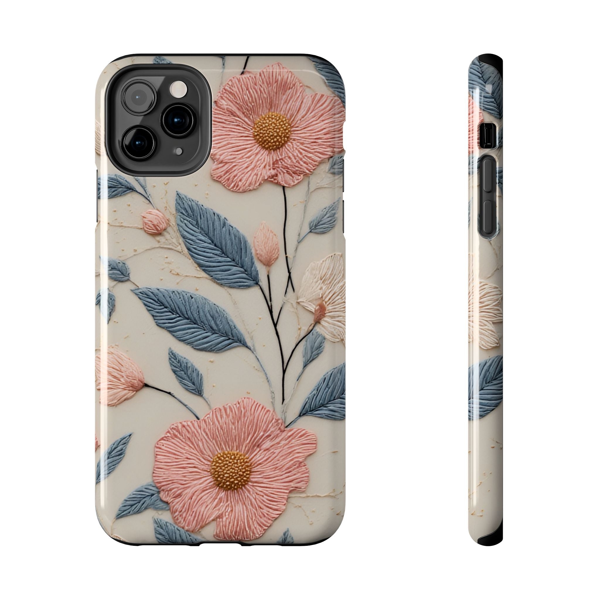 Floral Embroidered Tough Phone Case — Pink Blossom Protective Phone Cover