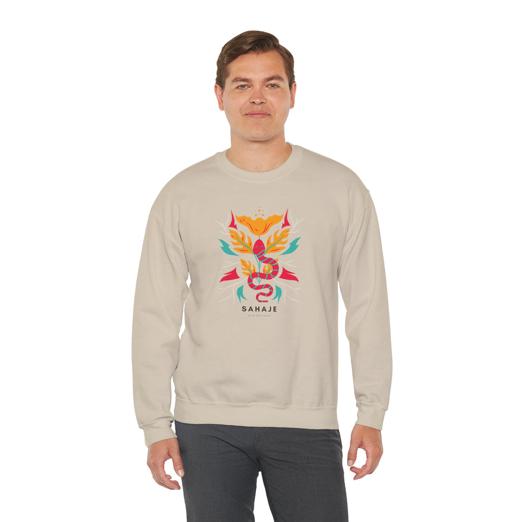Sahajé Floral Snake Crewneck Sweatshirt — Colorful Botanical Serpent Graphic