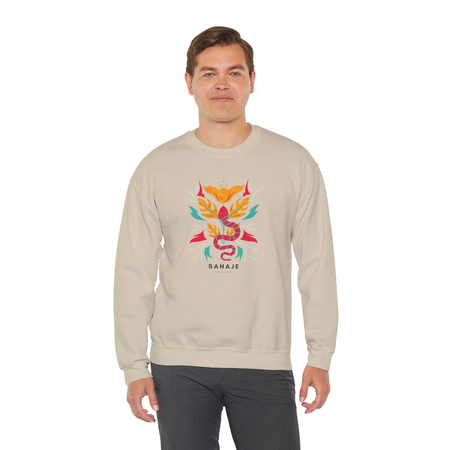 Sahajé Floral Snake Crewneck Sweatshirt — Colorful Botanical Serpent Graphic