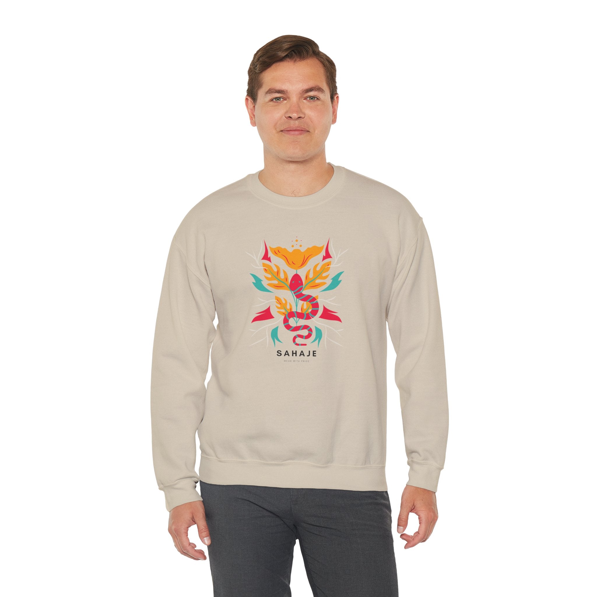 Sahajé Floral Snake Crewneck Sweatshirt — Colorful Botanical Serpent Graphic