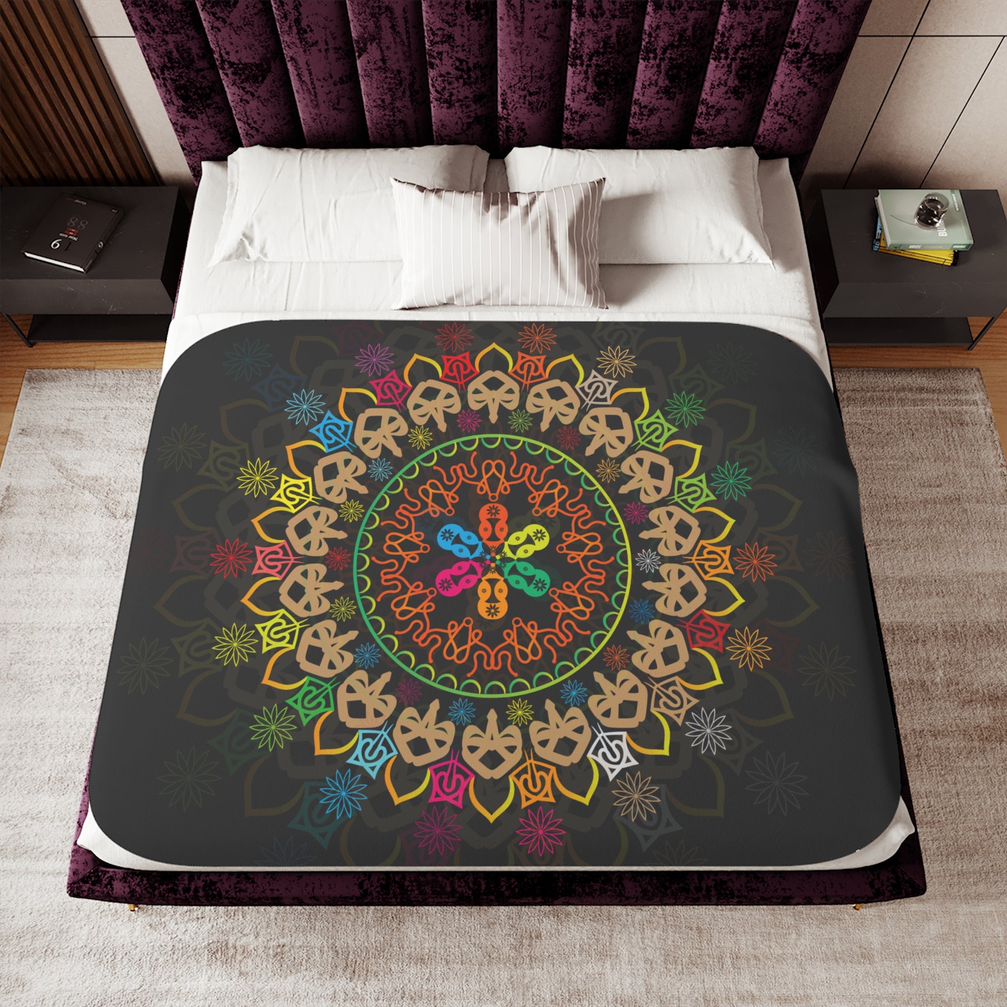 Boho Mandala Sherpa Blanket — Reversible Two‑Tone Cozy Throw