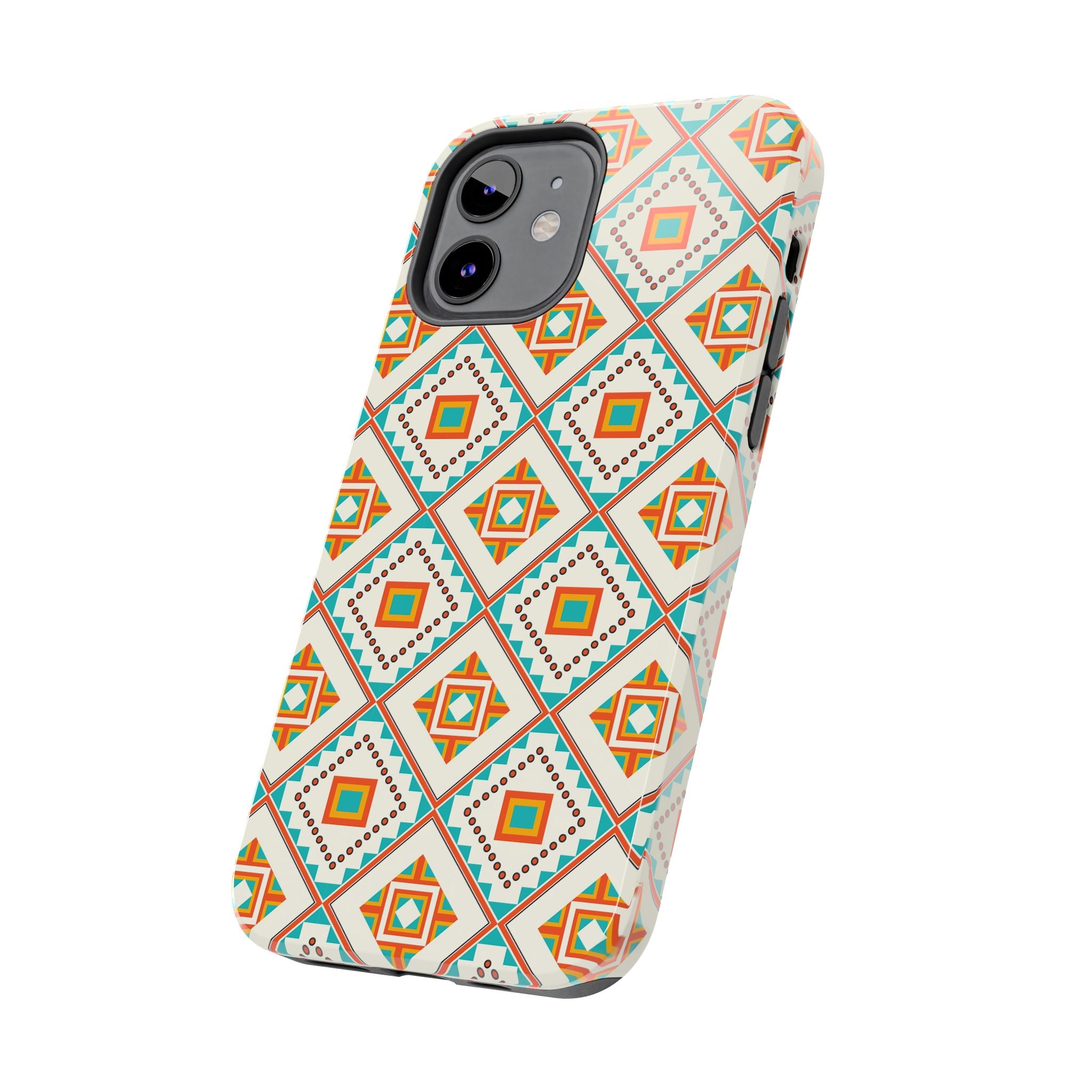 Tough Phone Case — Geometric Retro Tile Pattern, Orange & Teal Protective Cover