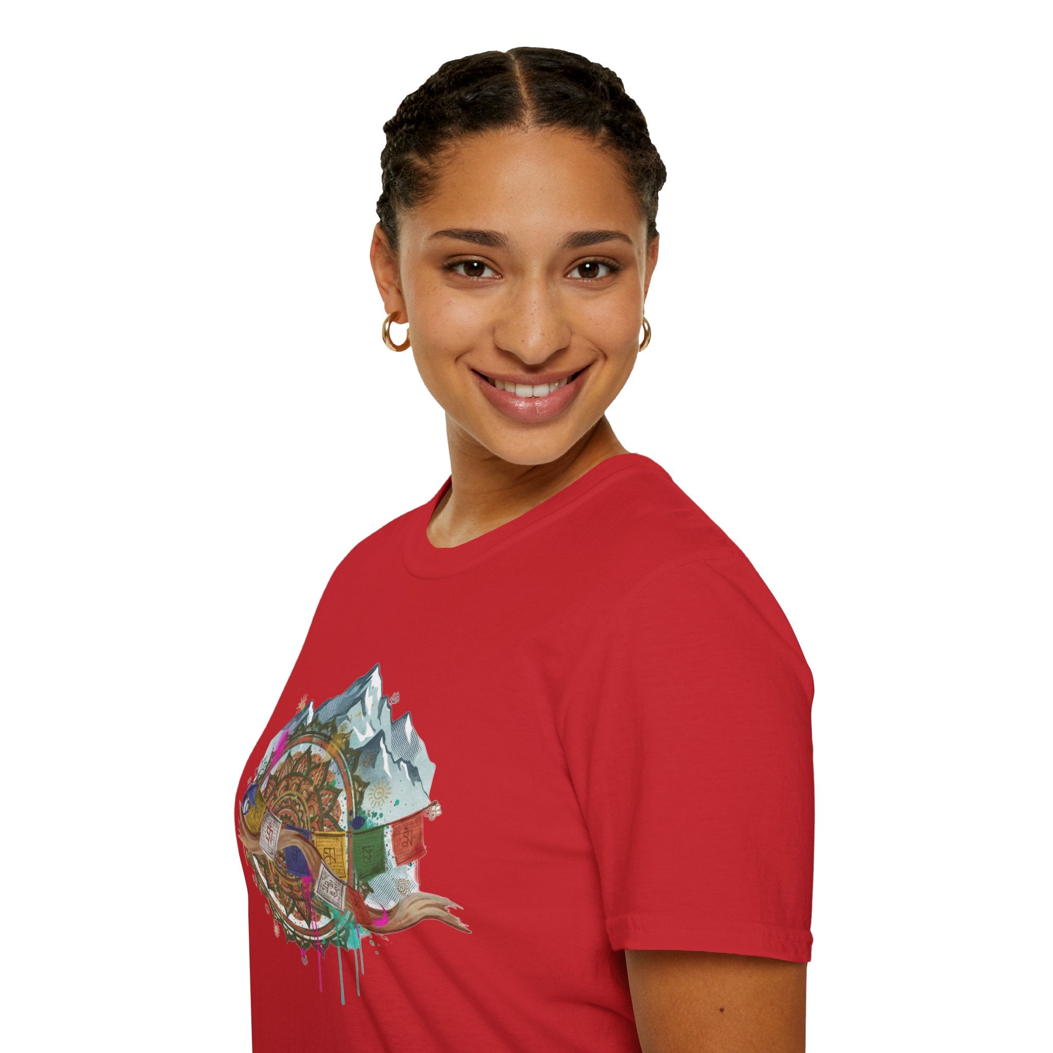 Adventure Compass T-Shirt — Mountain Compass with Prayer Flags & Colorful Globe