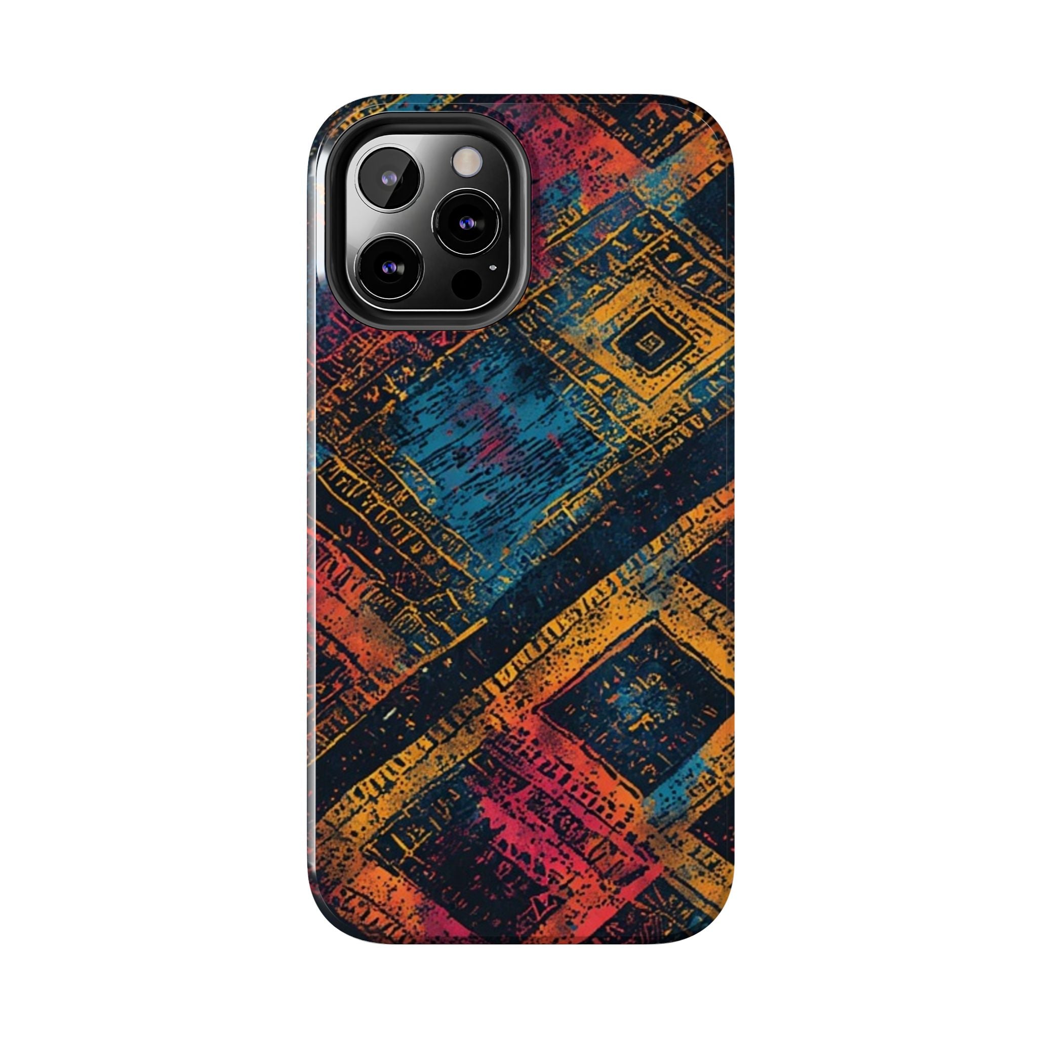 Tough Phone Case – Abstract Rustic Geometric Design (Blue, Orange, Magenta)