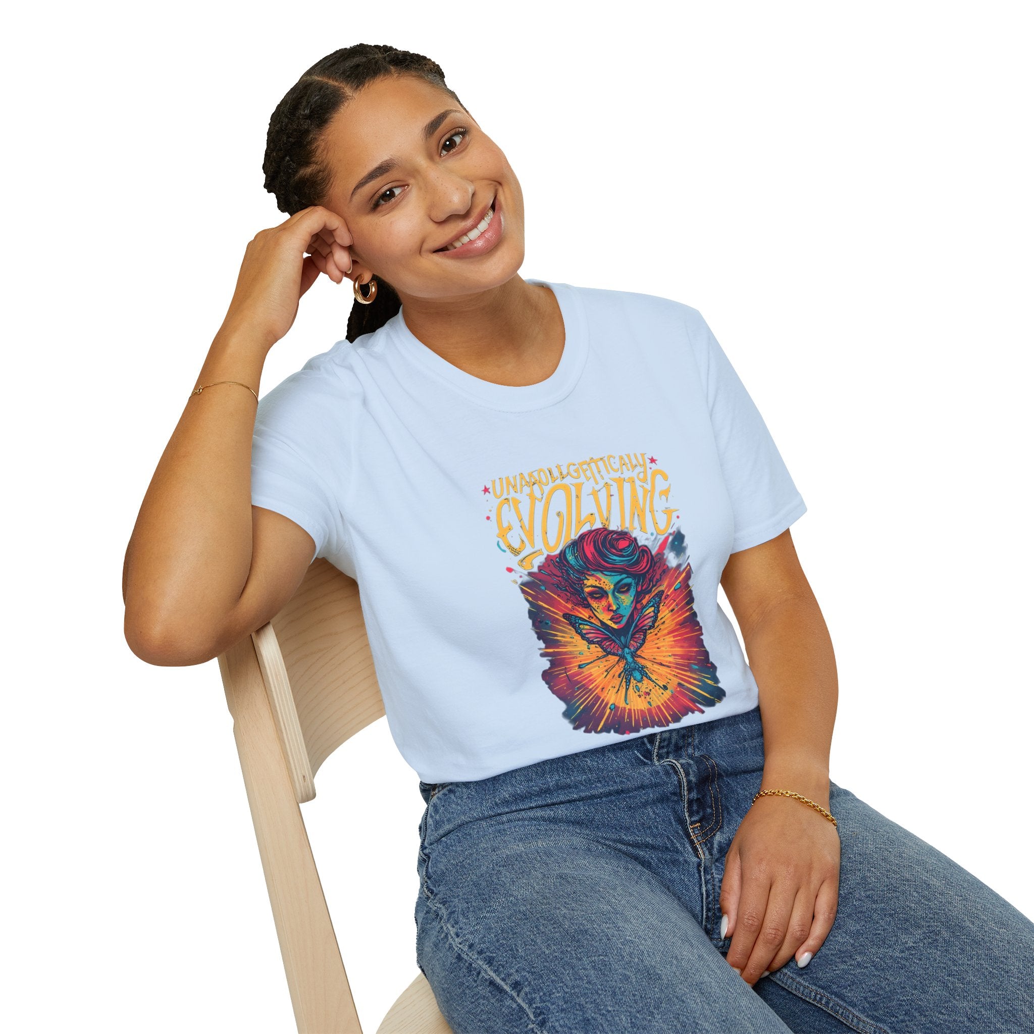 Unapologetically Evolving T-Shirt — Vibrant Butterfly Woman Graphic Tee