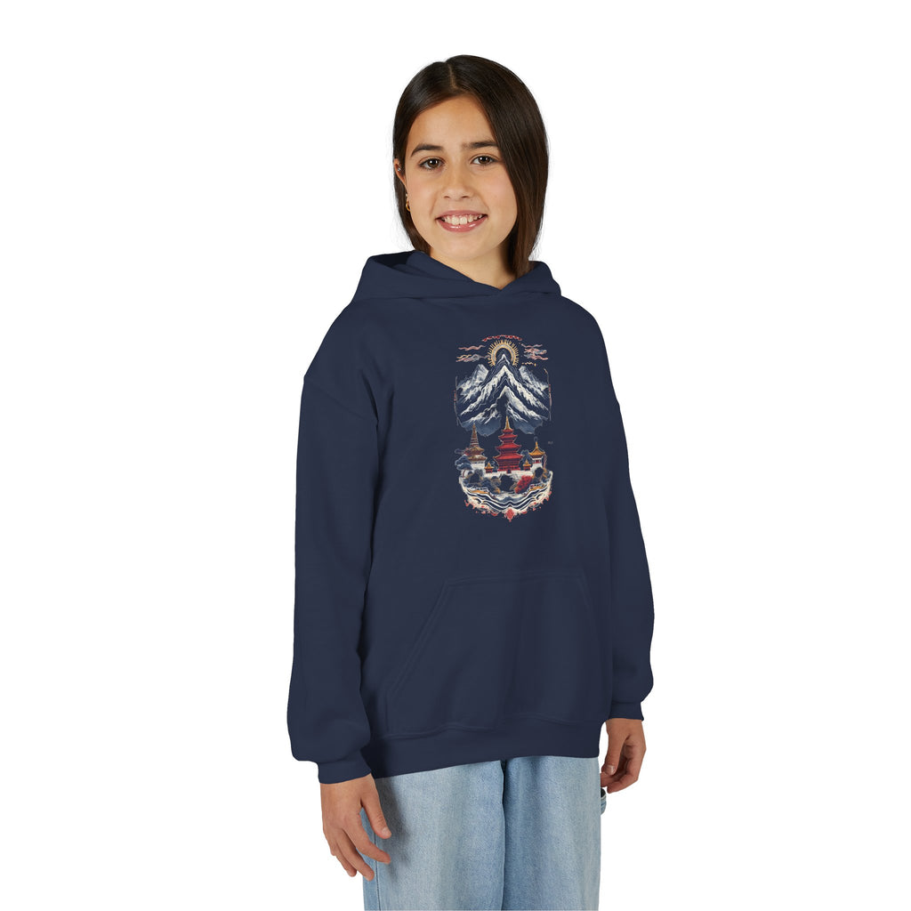 Youth Hoodie — Mountain Pagoda Watercolor Graphic (Asian Temple Winter Vibe)