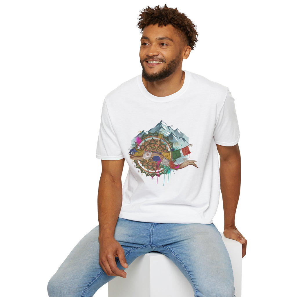 Adventure Compass T-Shirt — Mountain Compass with Prayer Flags & Colorful Globe