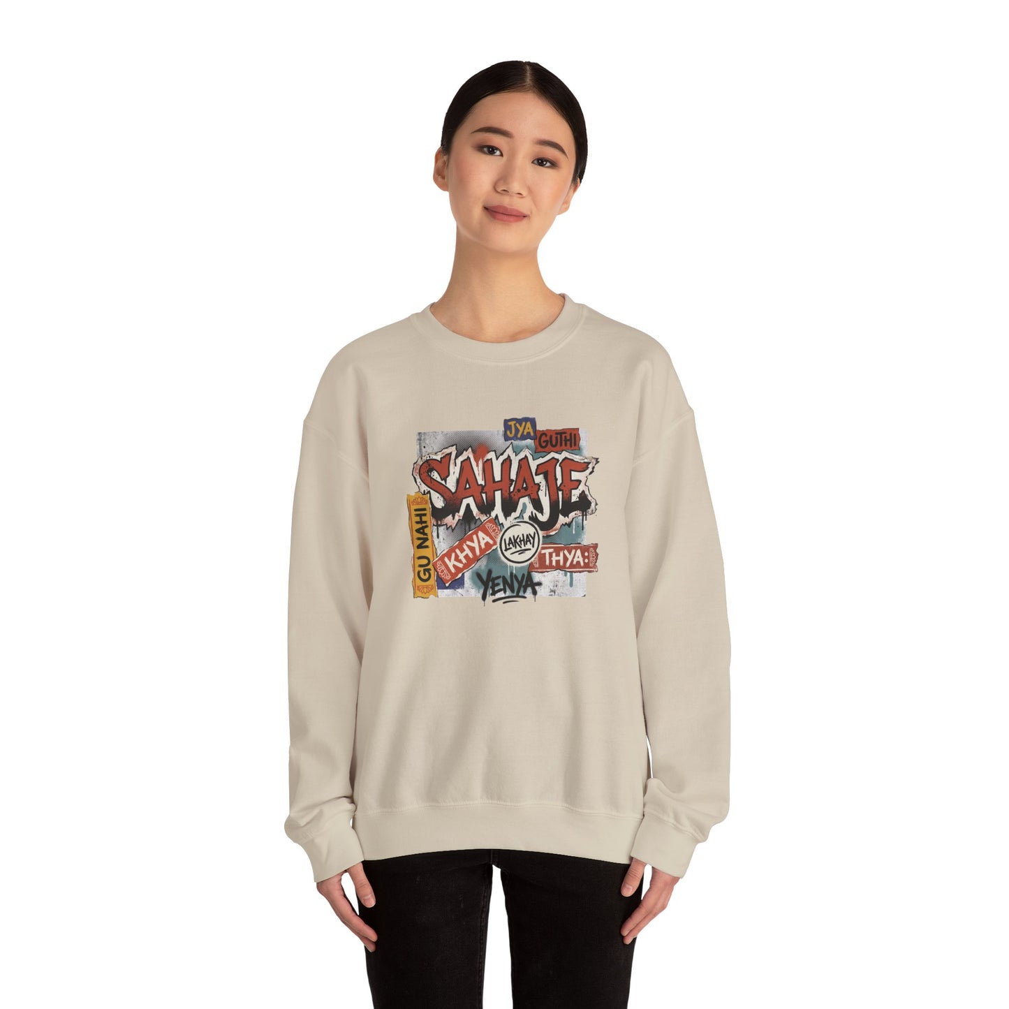 Crewneck Sweatshirt — 'Sahaje' Vintage Sticker Collage Graphic