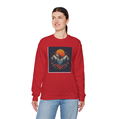 Mountain Sunset Crewneck Sweatshirt — Retro Geometric Peaks Graphic