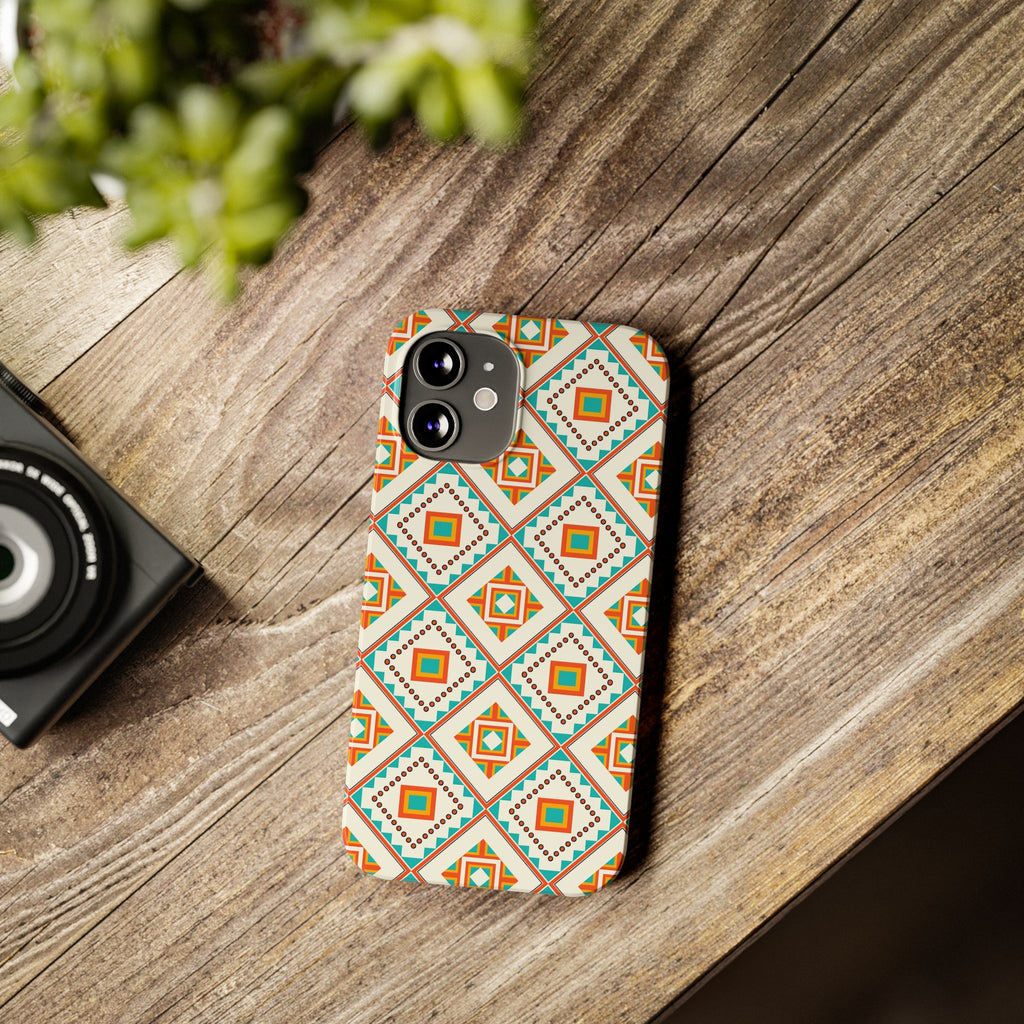 Slim Phone Case — Retro Geometric Tile Pattern (Turquoise & Orange)