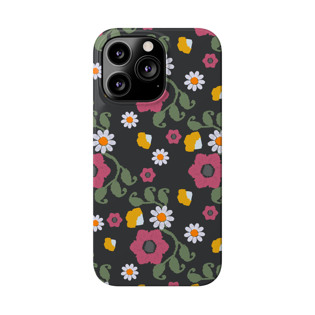 Floral Slim Phone Case, Black Flower Phone Cover, Stylish Phone Accessory, Gift for Her, Trendy Floral Case