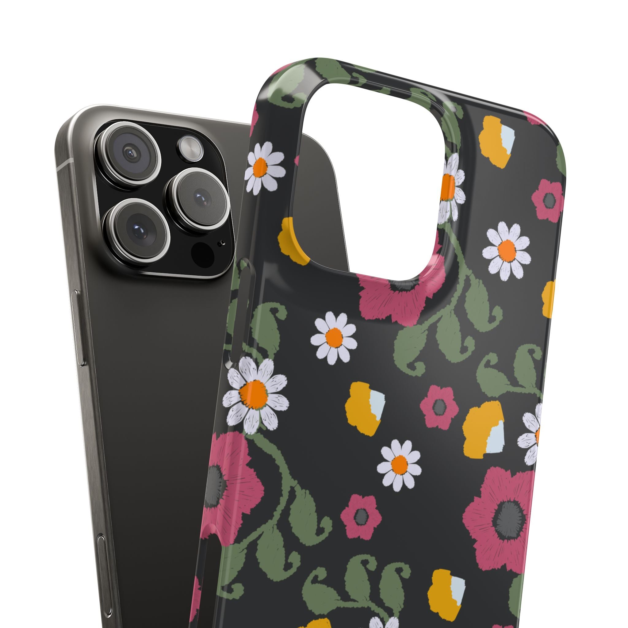 Floral Slim Phone Case, Black Flower Phone Cover, Stylish Phone Accessory, Gift for Her, Trendy Floral Case