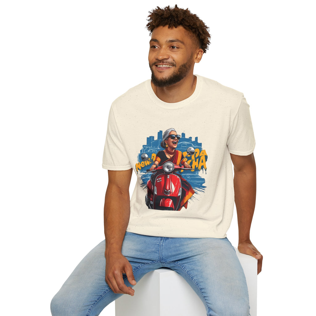 Newa Maicha Riding Scooter T-Shirt – Newari Woman in New York Graphic Tee, Cultural & Urban Design