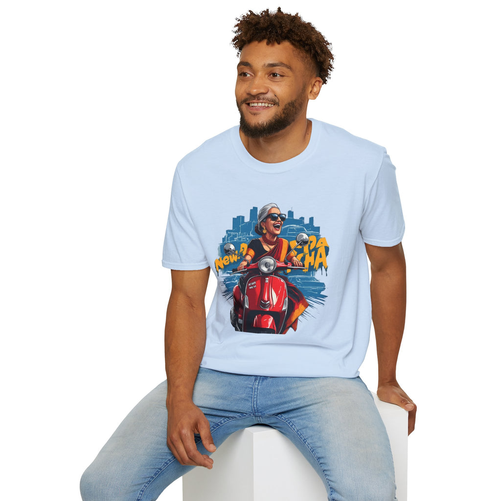 Newa Maicha Riding Scooter T-Shirt – Newari Woman in New York Graphic Tee, Cultural & Urban Design