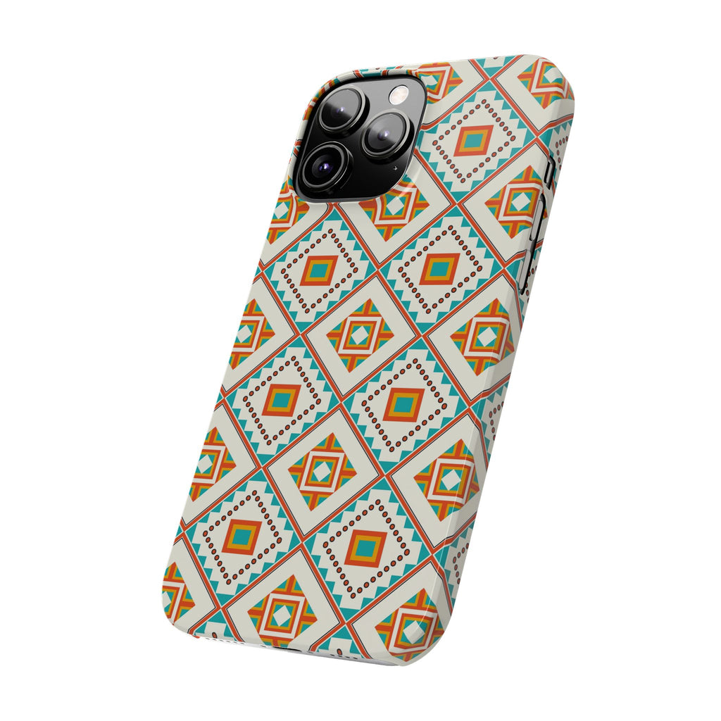 Slim Phone Case — Retro Geometric Tile Pattern (Turquoise & Orange)