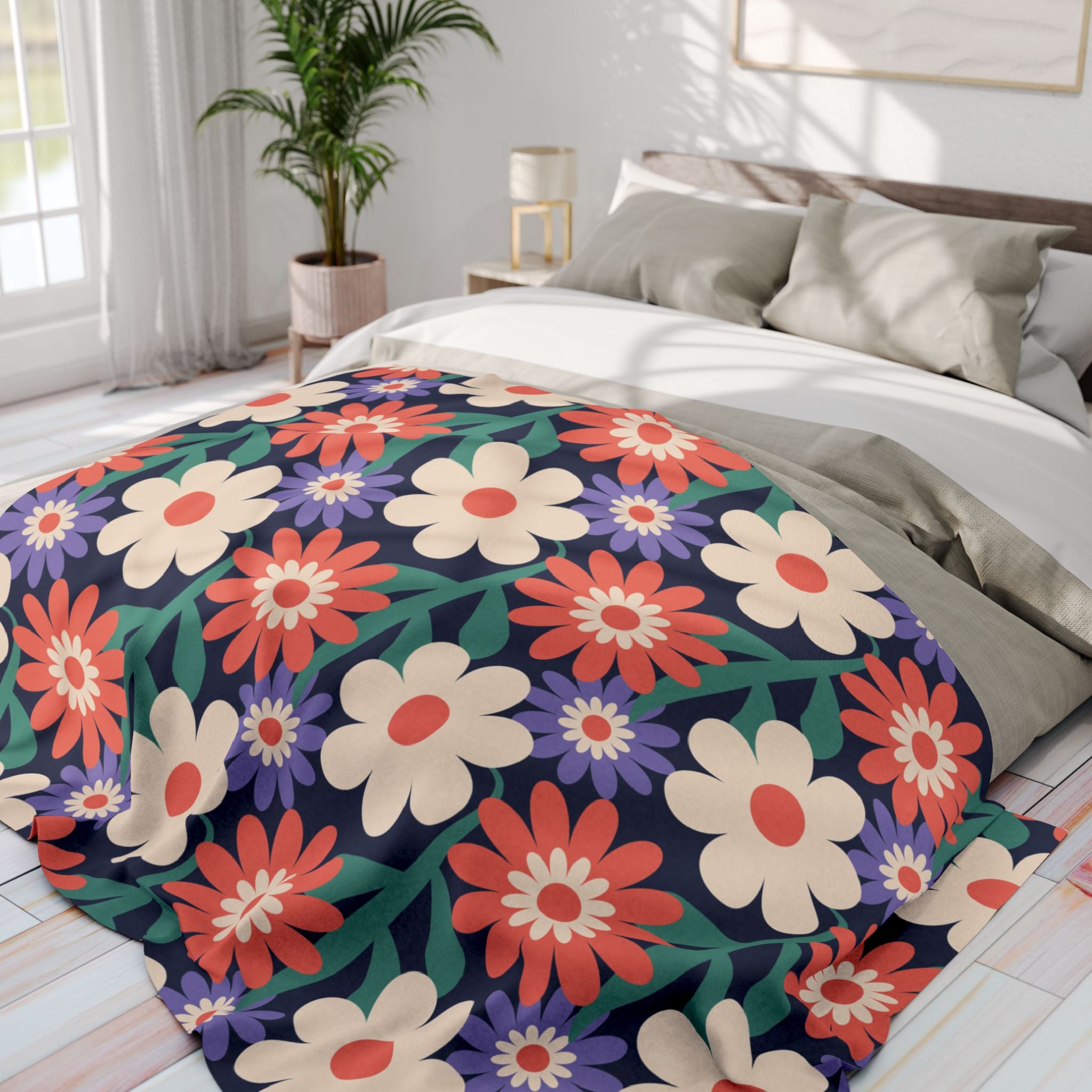 Floral Fleece Blanket — Retro Daisy Cozy Throw