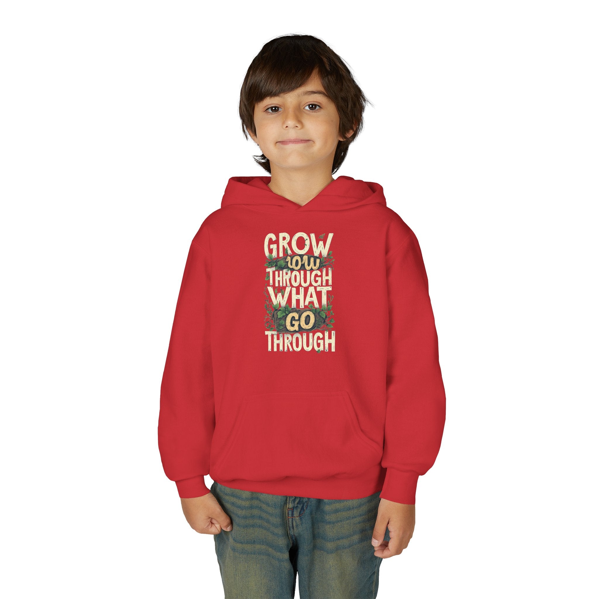 Youth Hoodie — 'Grow Slow, Go Through' Floral Motivational Hooded Sweatshirt