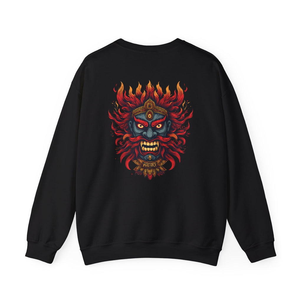 Crewneck Sweatshirt — Fiery Demon Mask Back Graphic