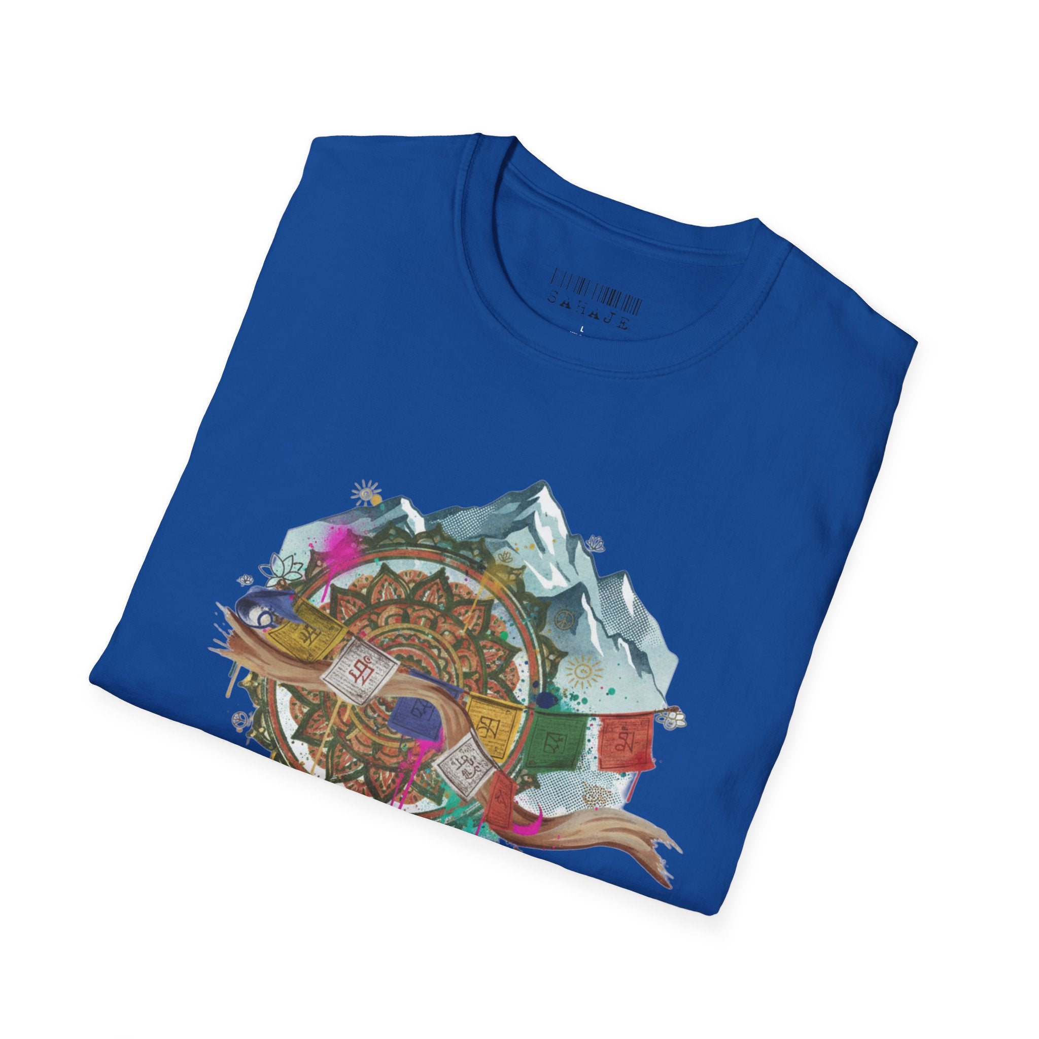 Adventure Compass T-Shirt — Mountain Compass with Prayer Flags & Colorful Globe