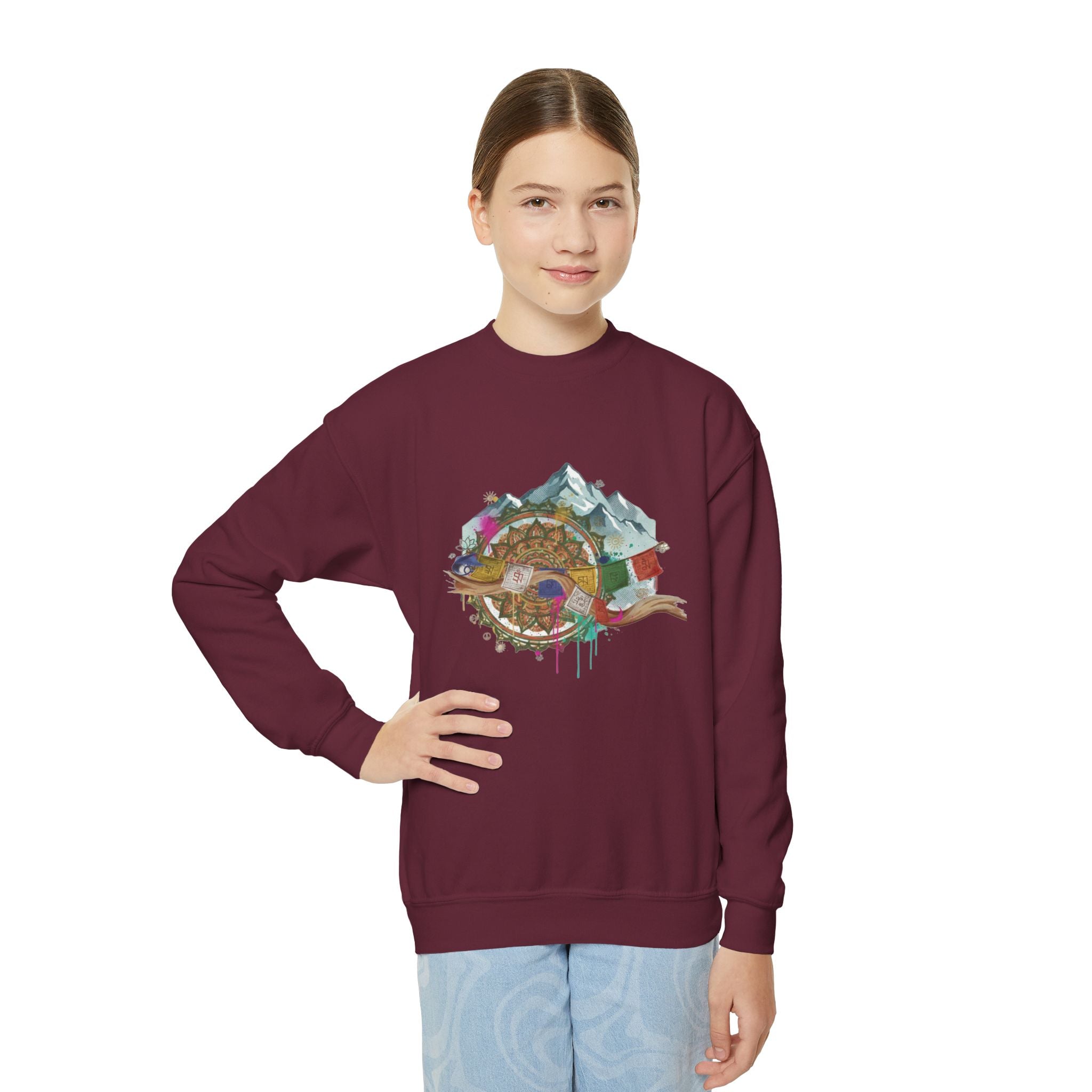 Youth Sweatshirt - Colorful Mountain Adventure Turtle Graphic Crewneck