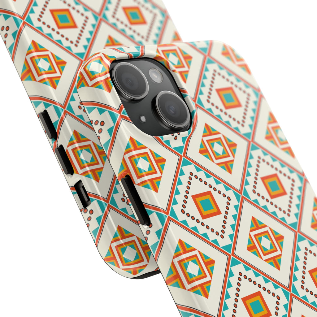 Tough Phone Case — Geometric Retro Tile Pattern, Orange & Teal Protective Cover