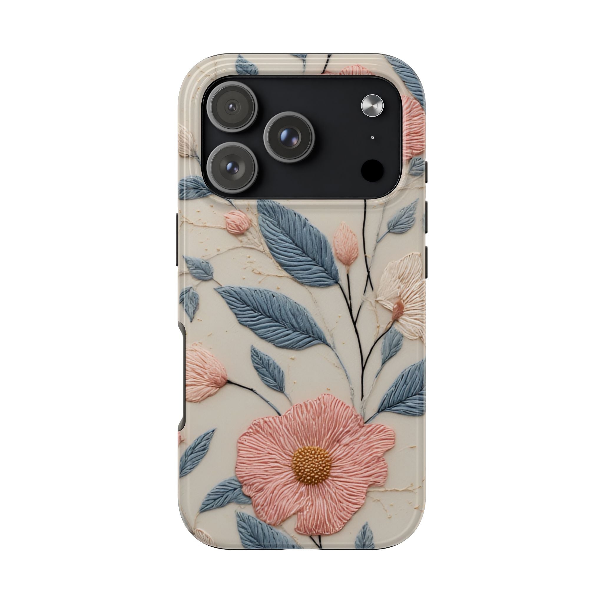 Floral Embroidered Tough Phone Case — Pink Blossom Protective Phone Cover