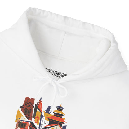 Cityscape Collage Hoodie — Colorful Urban Architecture Graphic Hoodie