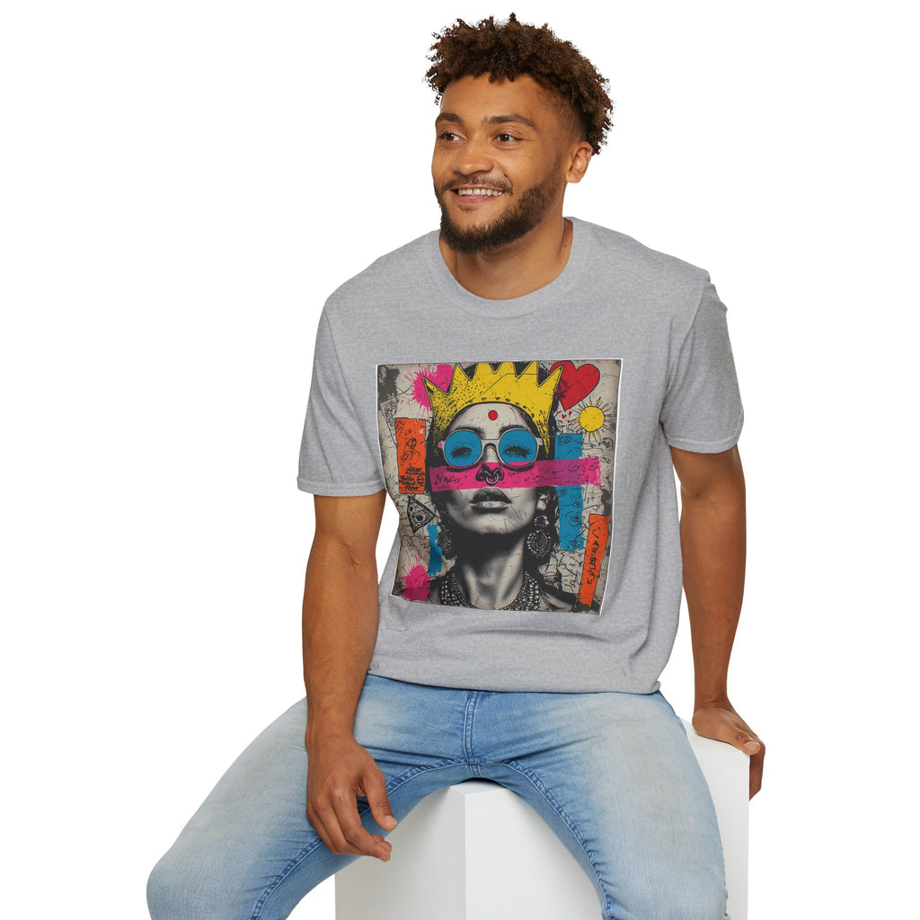 Abstract Pop Art Portrait T-Shirt — Neon Crown & Sunglasses Graphic