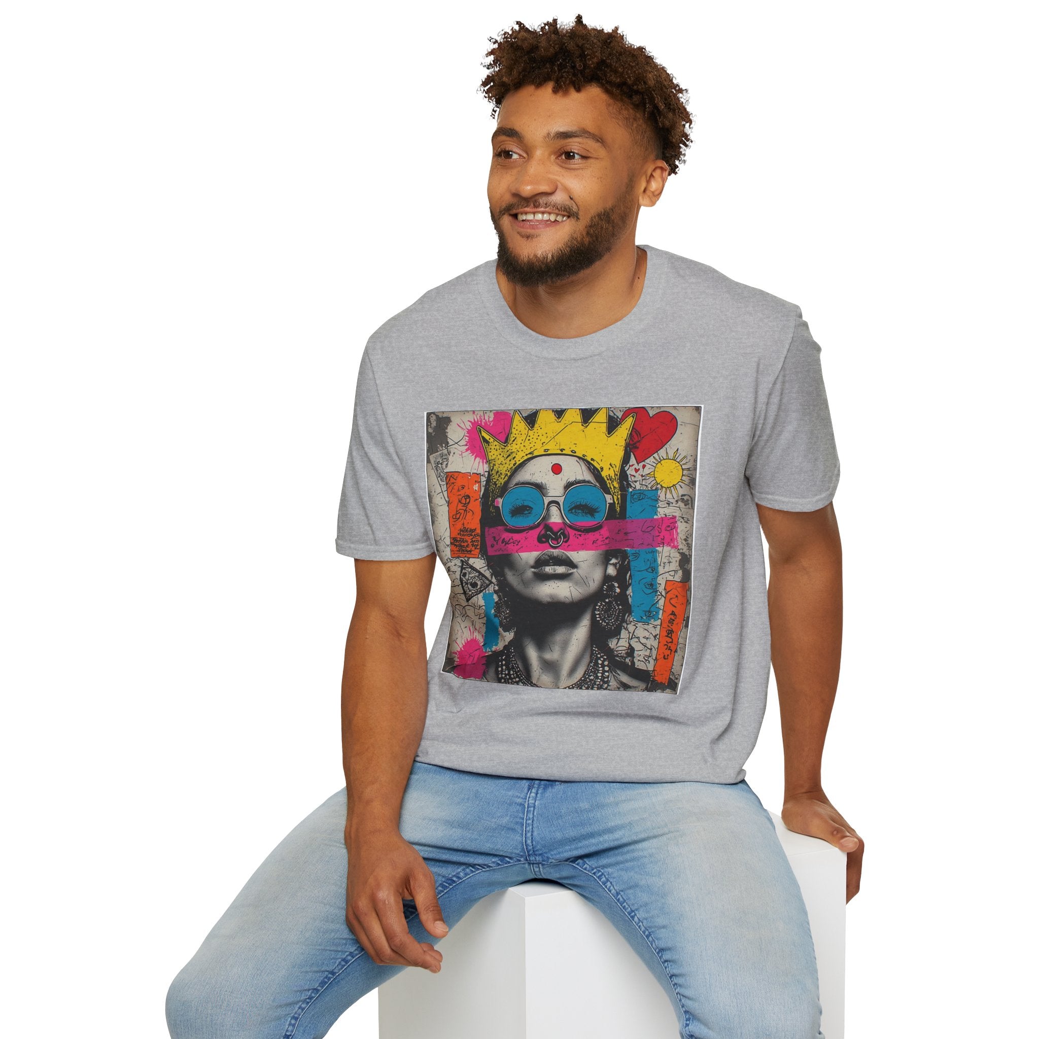 Abstract Pop Art Portrait T-Shirt — Neon Crown & Sunglasses Graphic