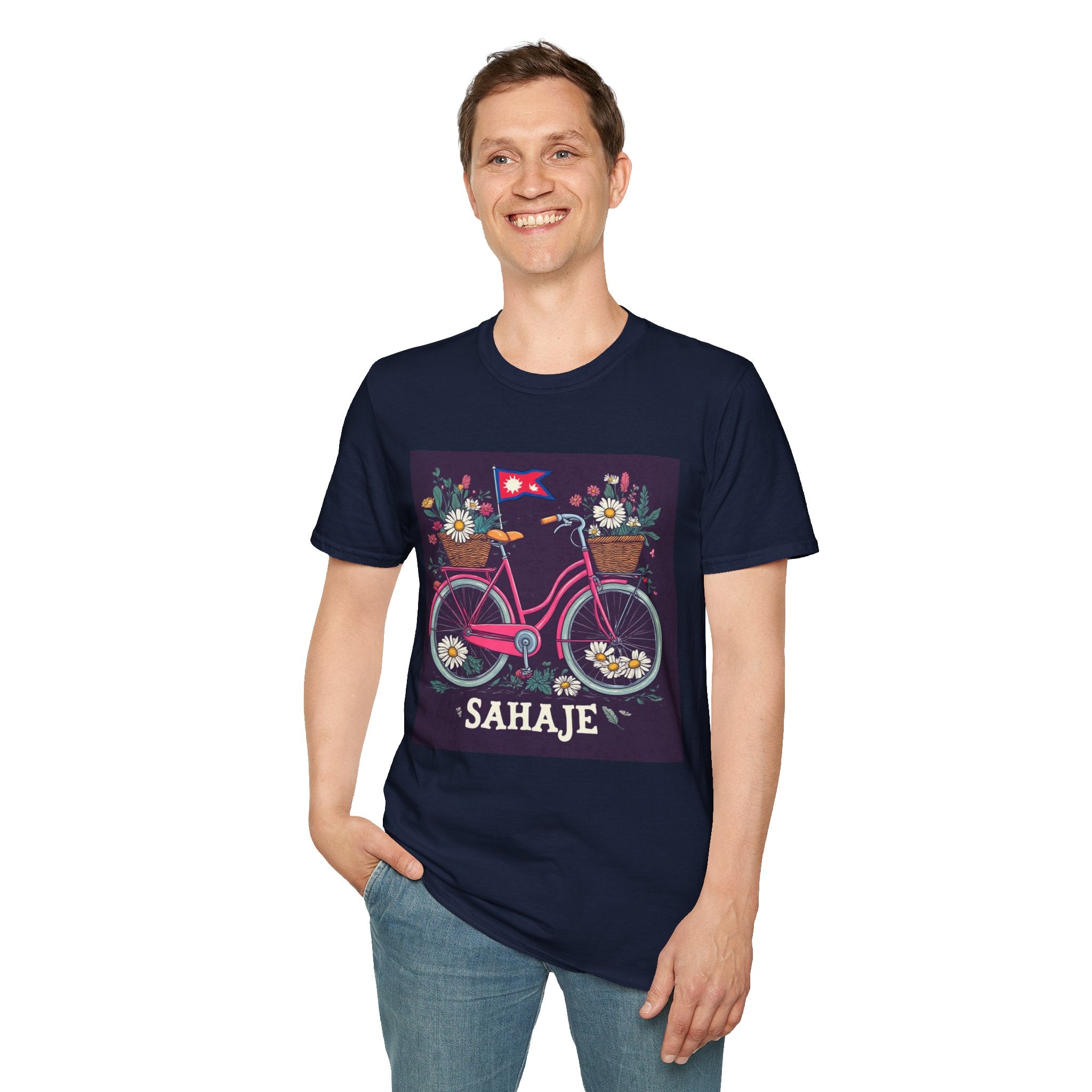 Bicycle Floral T-Shirt – Pink Bike with Baskets & "Sahaje" Text