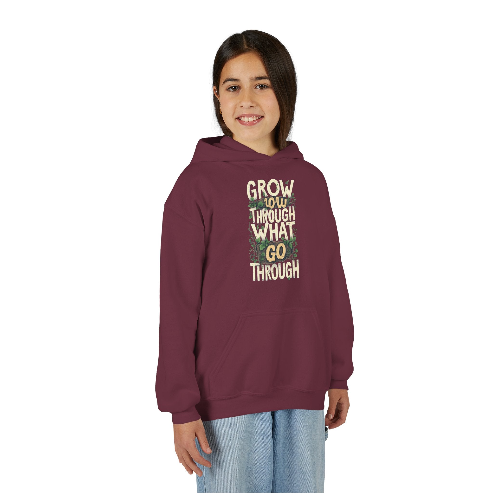 Youth Hoodie — 'Grow Slow, Go Through' Floral Motivational Hooded Sweatshirt