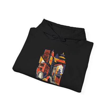 Cityscape Collage Hoodie — Colorful Urban Architecture Graphic Hoodie