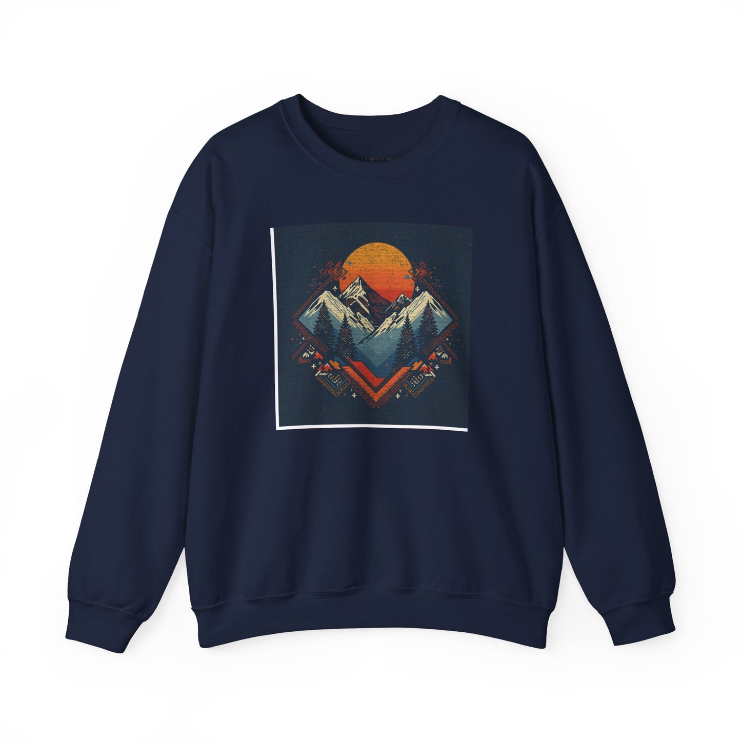 Mountain Sunset Crewneck Sweatshirt — Retro Geometric Peaks Graphic