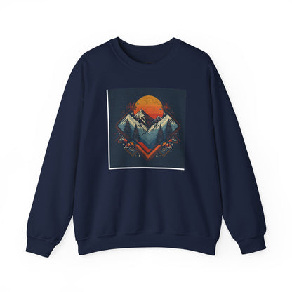 Mountain Sunset Crewneck Sweatshirt — Retro Geometric Peaks Graphic