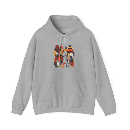 Cityscape Collage Hoodie — Colorful Urban Architecture Graphic Hoodie