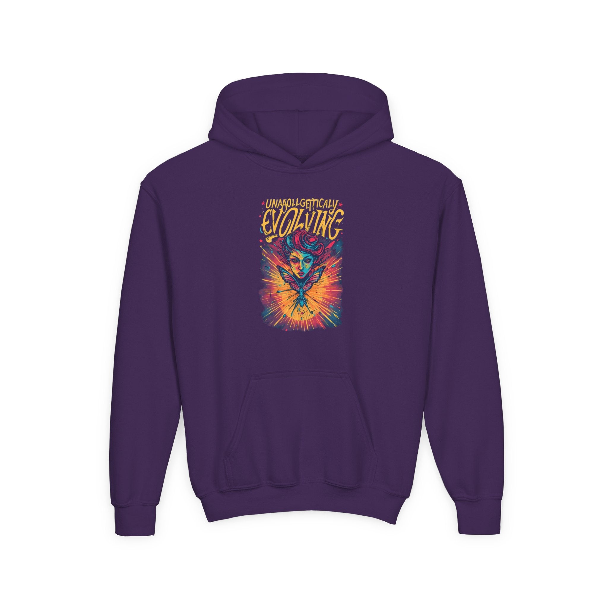 Youth Hoodie — Vibrant 'Evolving' Butterfly Girl Graphic Sweatshirt