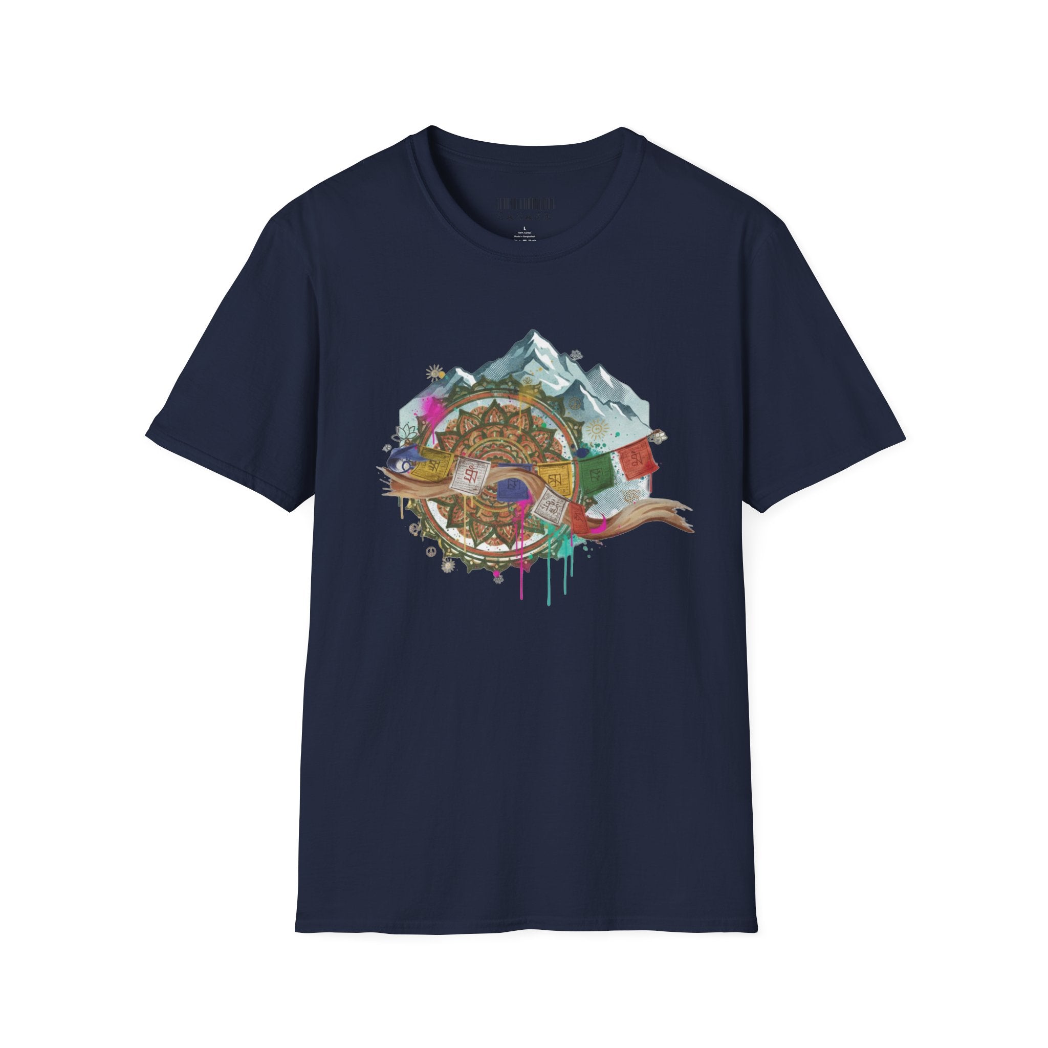 Adventure Compass T-Shirt — Mountain Compass with Prayer Flags & Colorful Globe