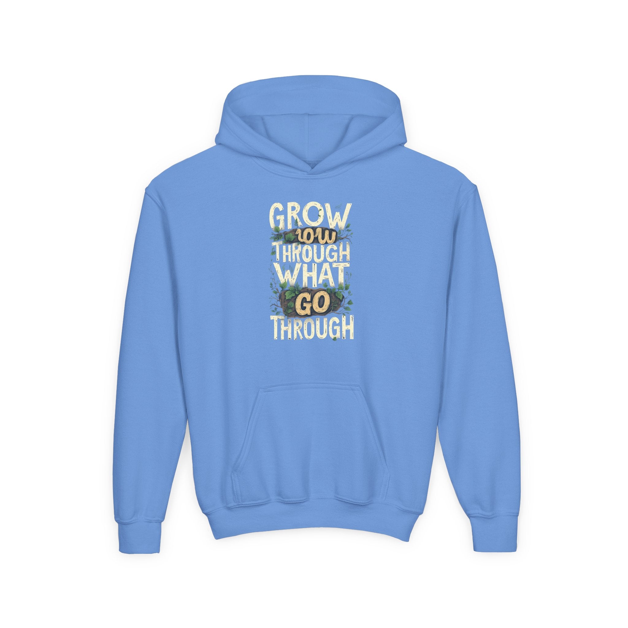 Youth Hoodie — 'Grow Slow, Go Through' Floral Motivational Hooded Sweatshirt