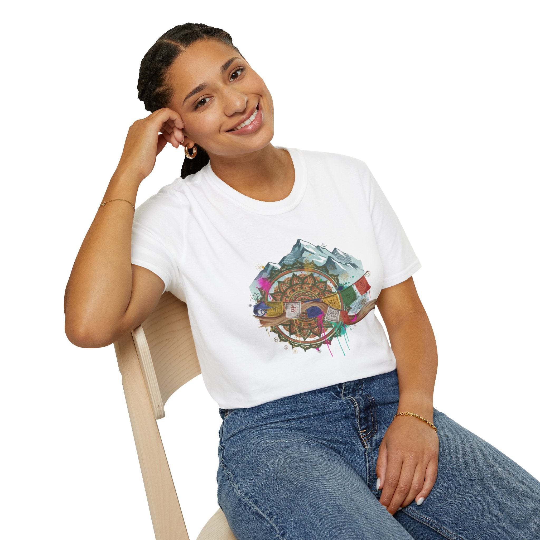 Adventure Compass T-Shirt — Mountain Compass with Prayer Flags & Colorful Globe