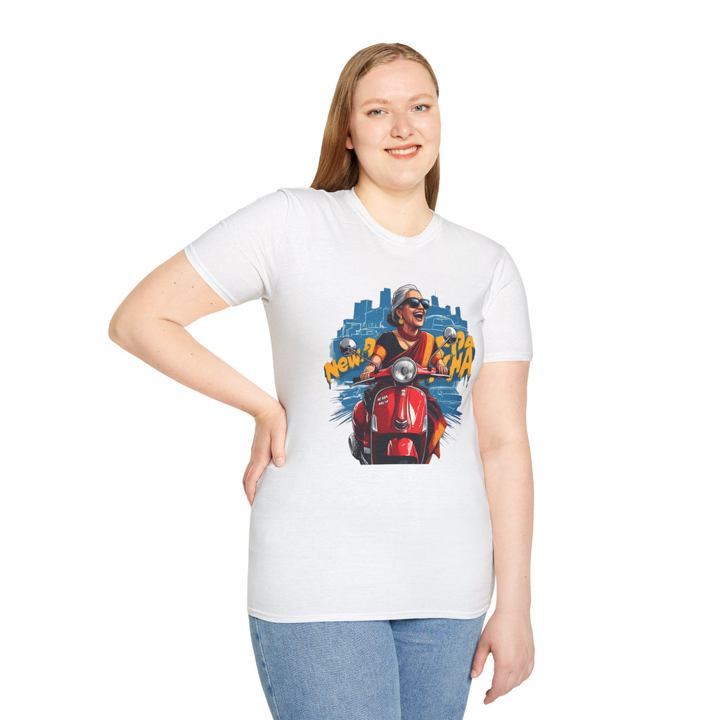 Newa Maicha Riding Scooter T-Shirt – Newari Woman in New York Graphic Tee, Cultural & Urban Design