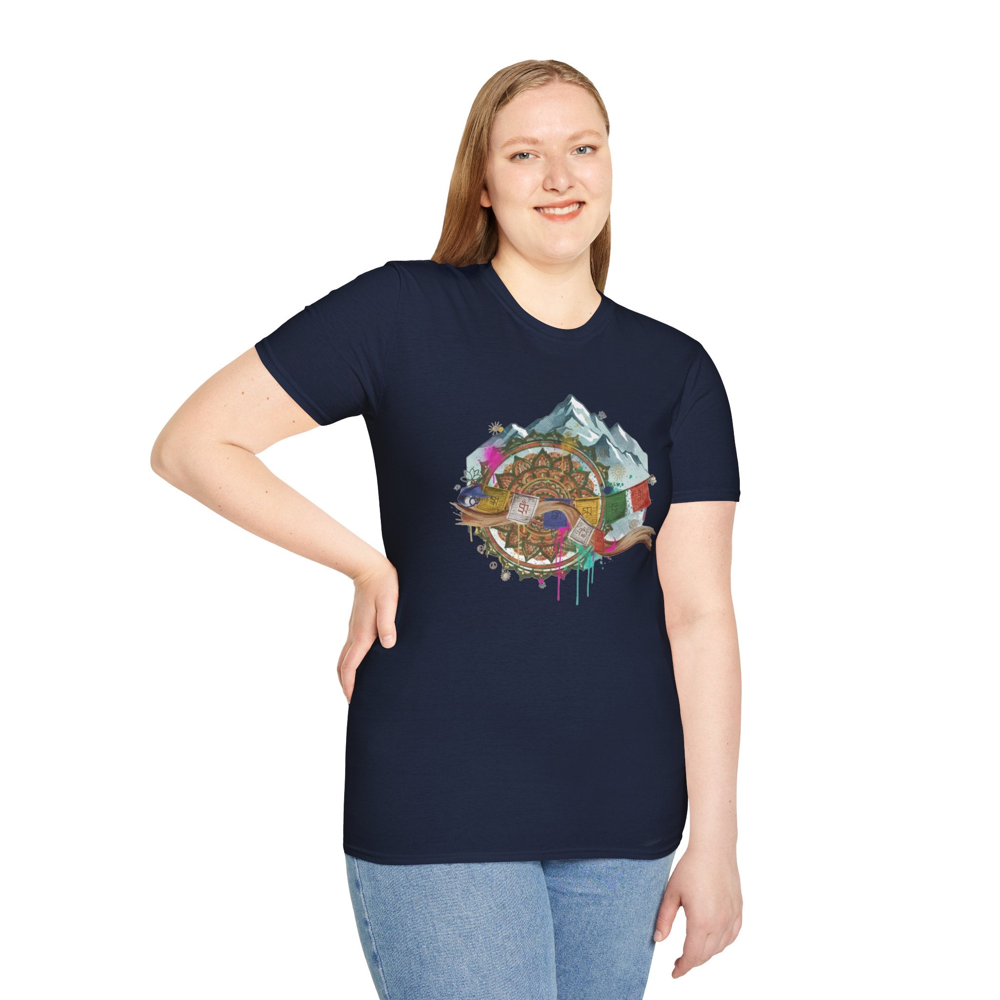 Adventure Compass T-Shirt — Mountain Compass with Prayer Flags & Colorful Globe