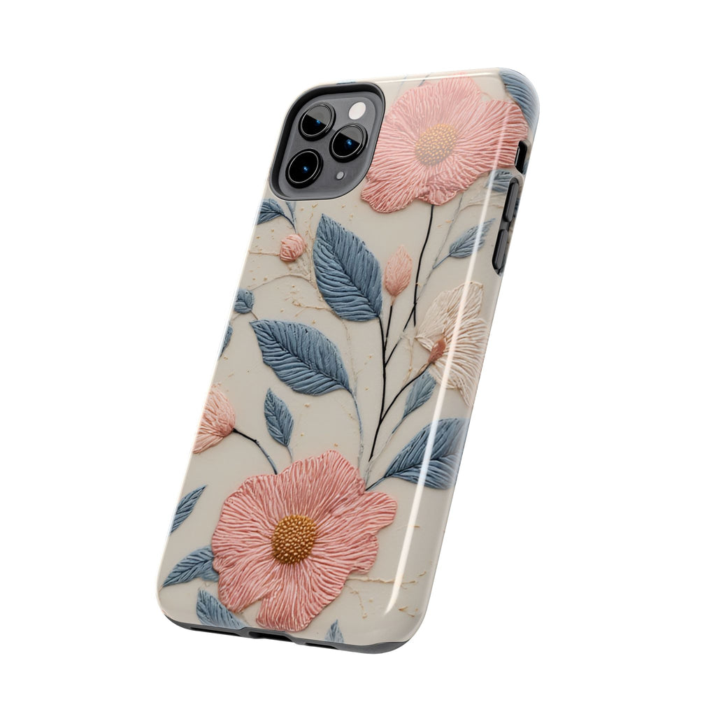 Floral Embroidered Tough Phone Case — Pink Blossom Protective Phone Cover