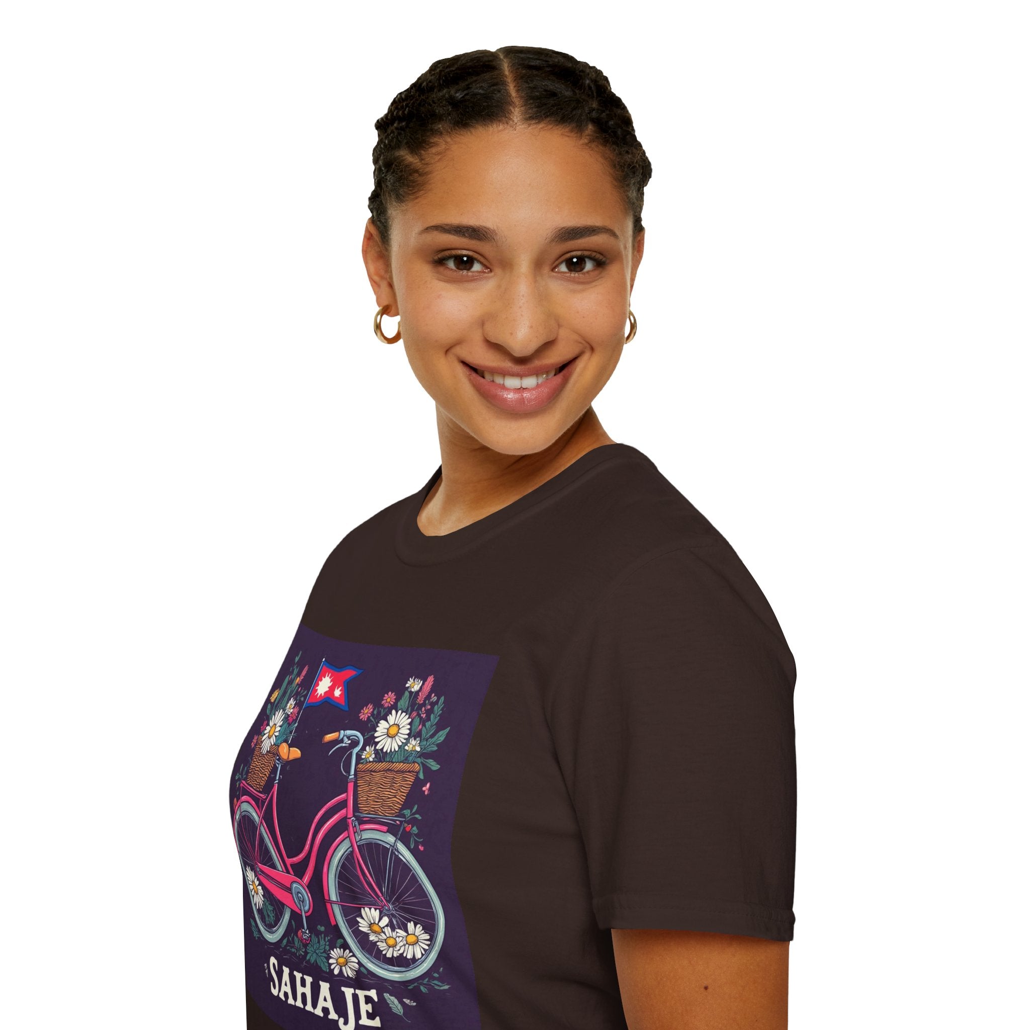 Bicycle Floral T-Shirt – Pink Bike with Baskets & "Sahaje" Text