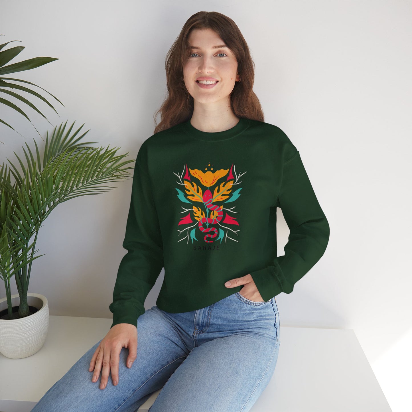 Sahajé Floral Snake Crewneck Sweatshirt — Colorful Botanical Serpent Graphic