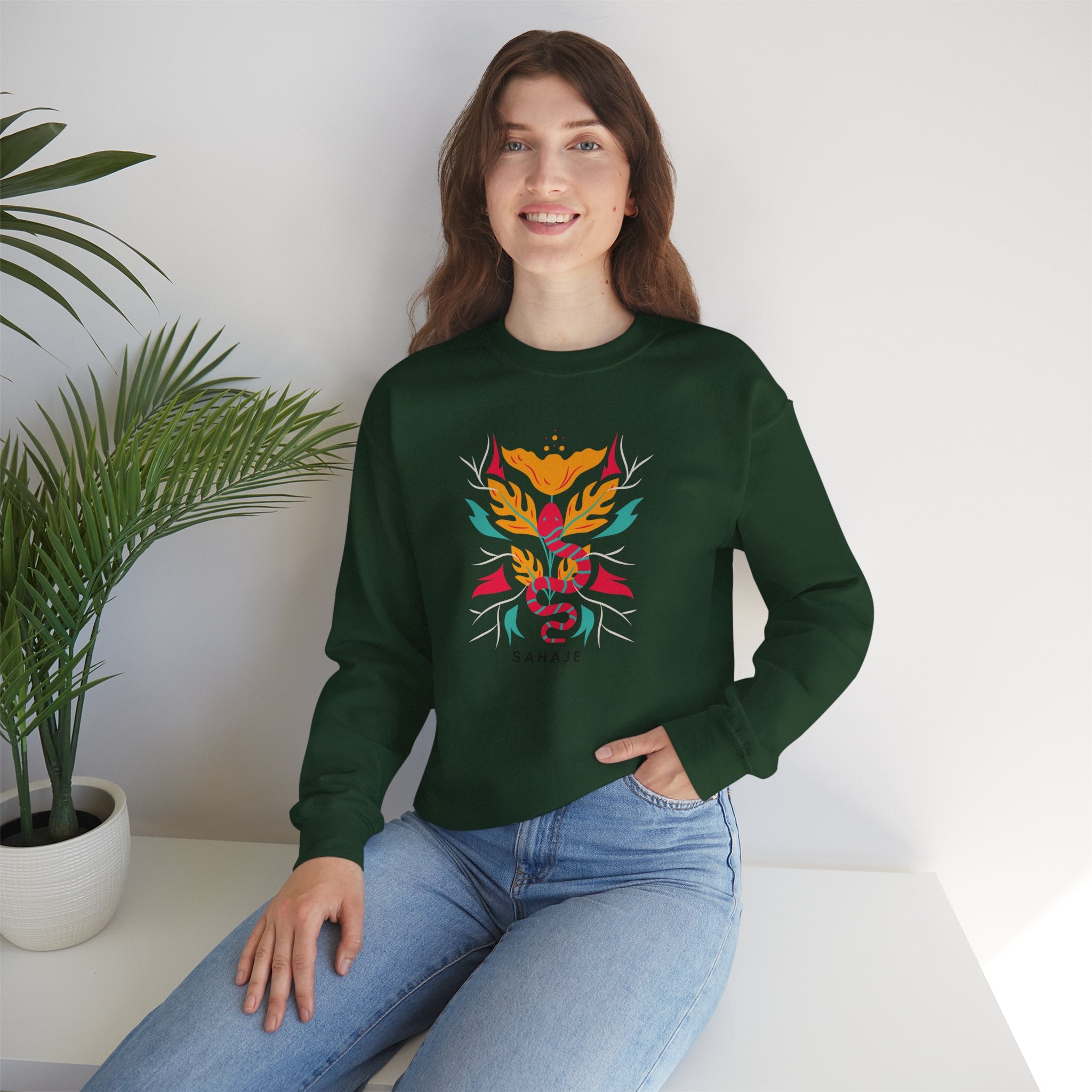 Sahajé Floral Snake Crewneck Sweatshirt — Colorful Botanical Serpent Graphic