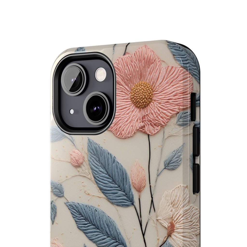 Floral Embroidered Tough Phone Case — Pink Blossom Protective Phone Cover