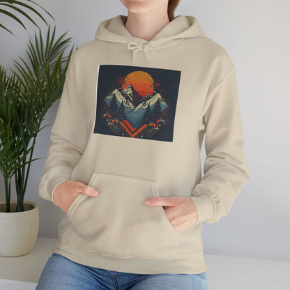 Mountain Sunset Hoodie – Retro Geometric Peaks & Rising Sun Sweatshirt